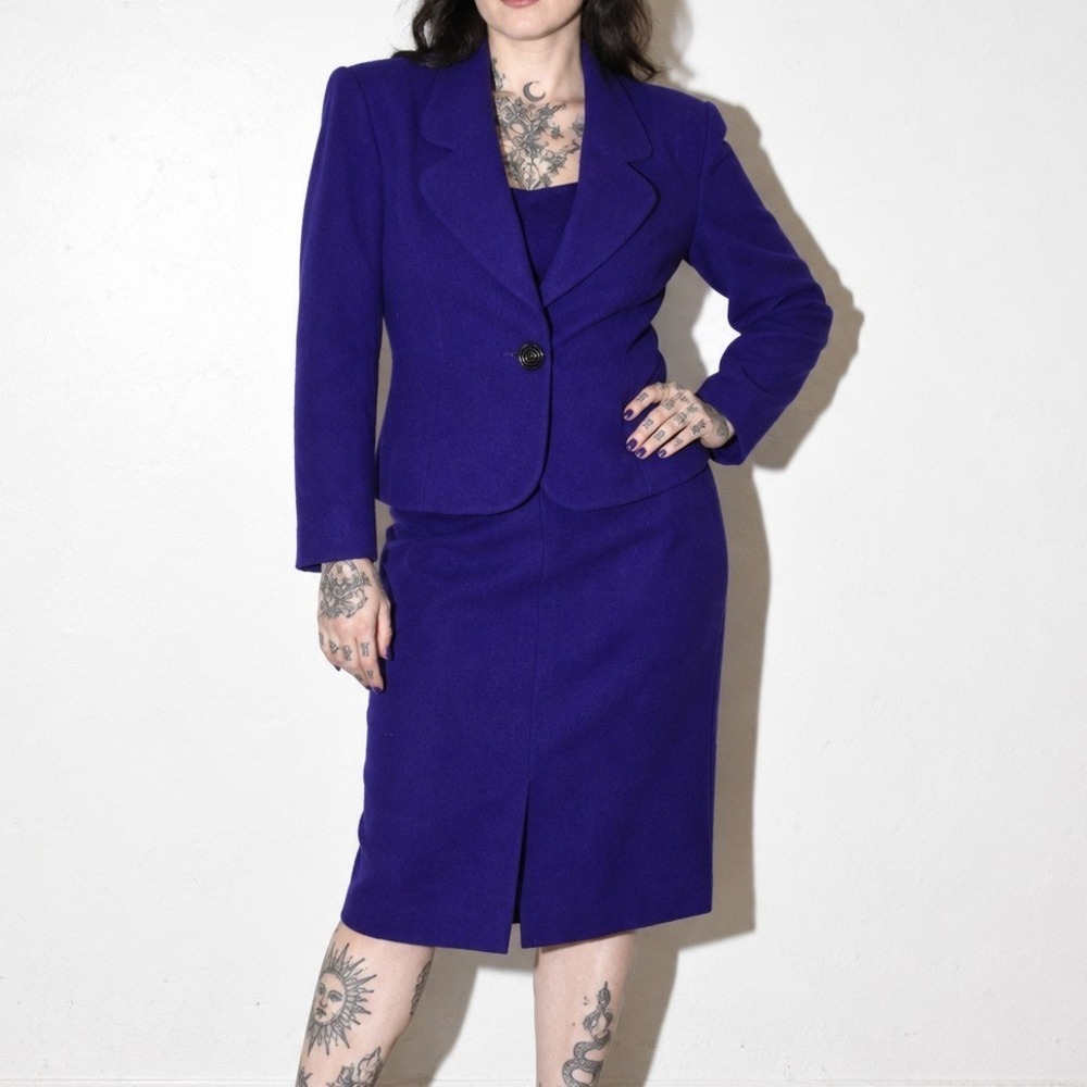 80s Vintage Koret Wool Skirt Suit Womens L Indigo Purple 1 Button Spiral Blazer